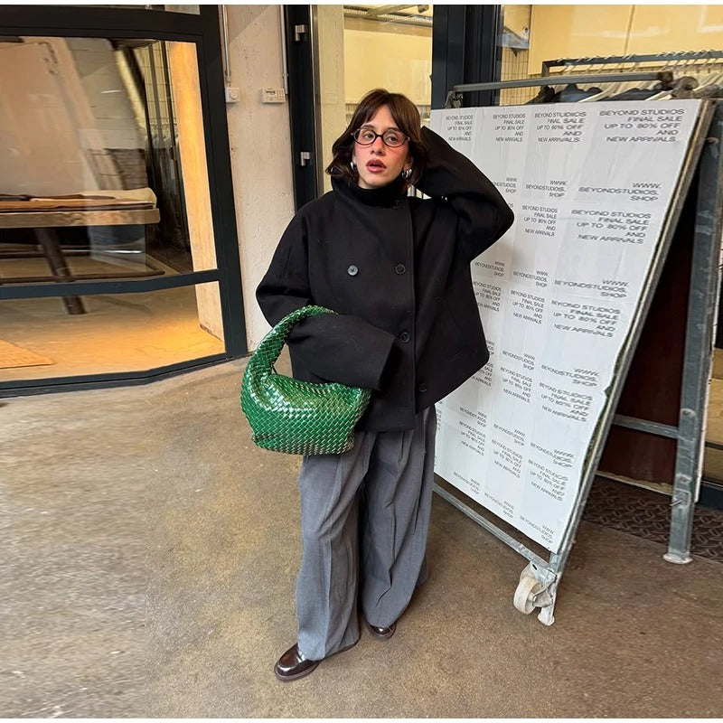 Manteau élégant femmes mélange de laine avec boutons – Vêtement d'hiver à col montant