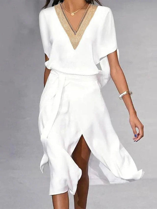 Robe midi blanche moderne à col en V pour femme