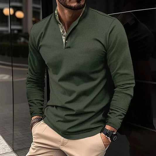 Elegant Long-Sleeved Henley Shirt for Men – Premium Stand-Up Collar