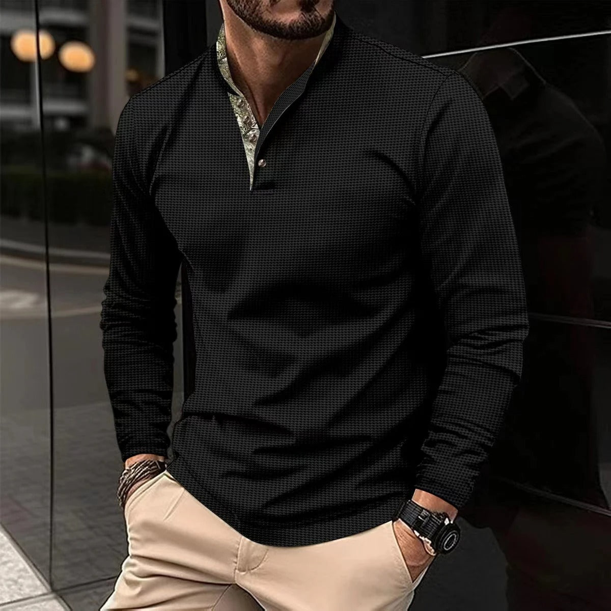 Chemise Henley à Manches Longues Élégante pour Homme – Col Montant Premium