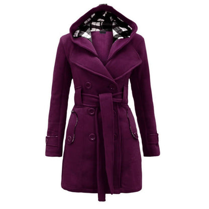 Manteau en laine luxueux à capuche pour femme – Manteau d’hiver ceinturé