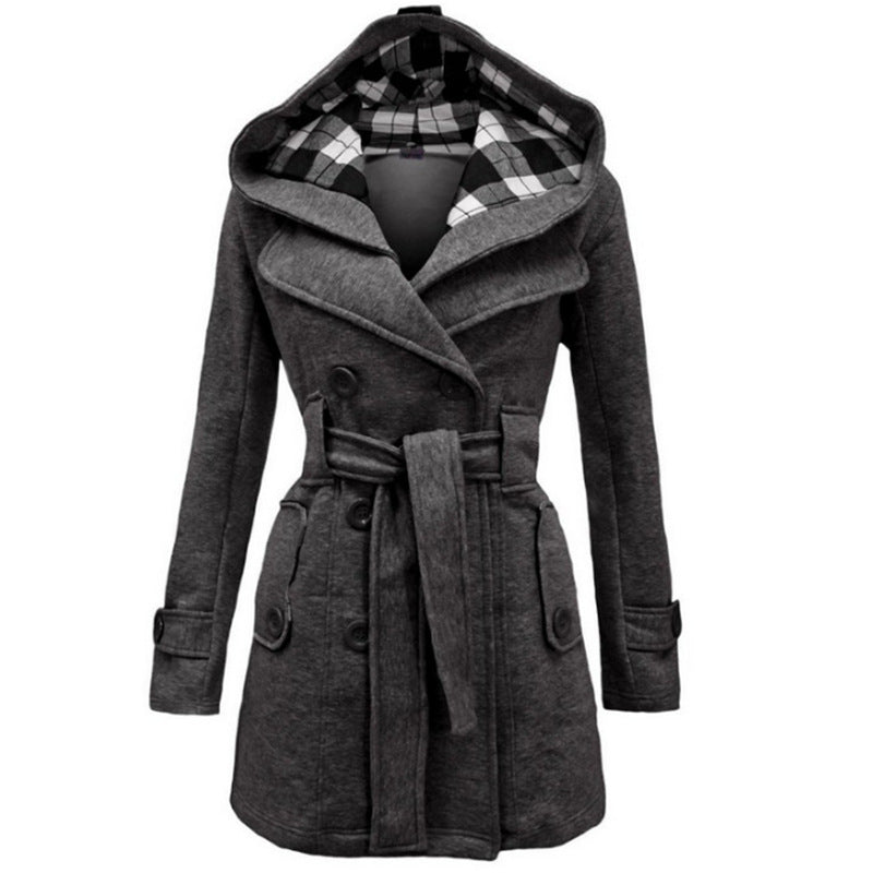 Manteau en laine luxueux à capuche pour femme – Manteau d’hiver ceinturé