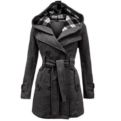 Manteau en laine luxueux à capuche pour femme – Manteau d’hiver ceinturé