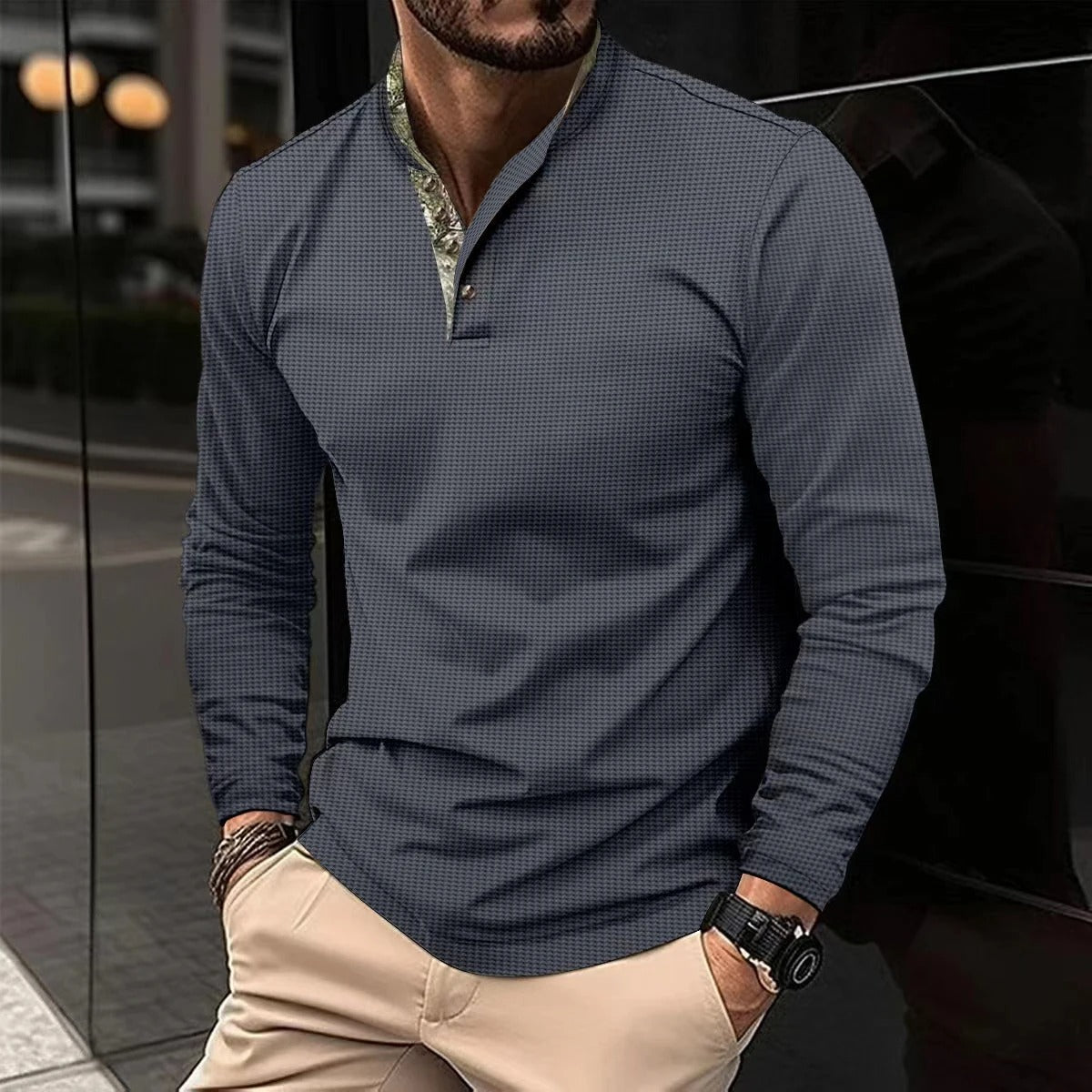 Chemise Henley à Manches Longues Élégante pour Homme – Col Montant Premium
