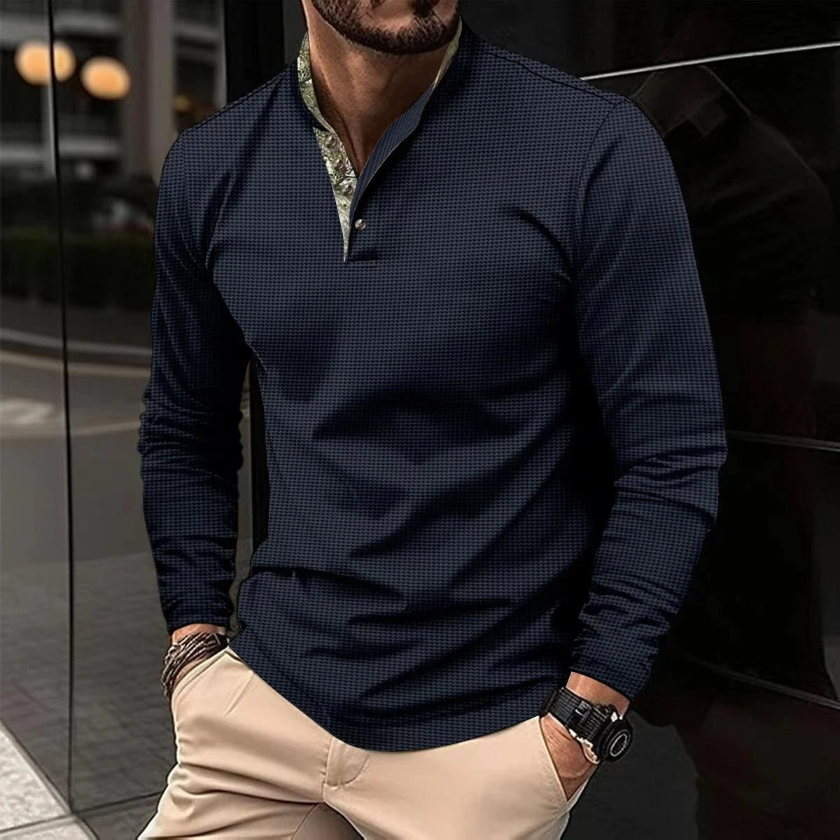 Chemise Henley à Manches Longues Élégante pour Homme – Col Montant Premium