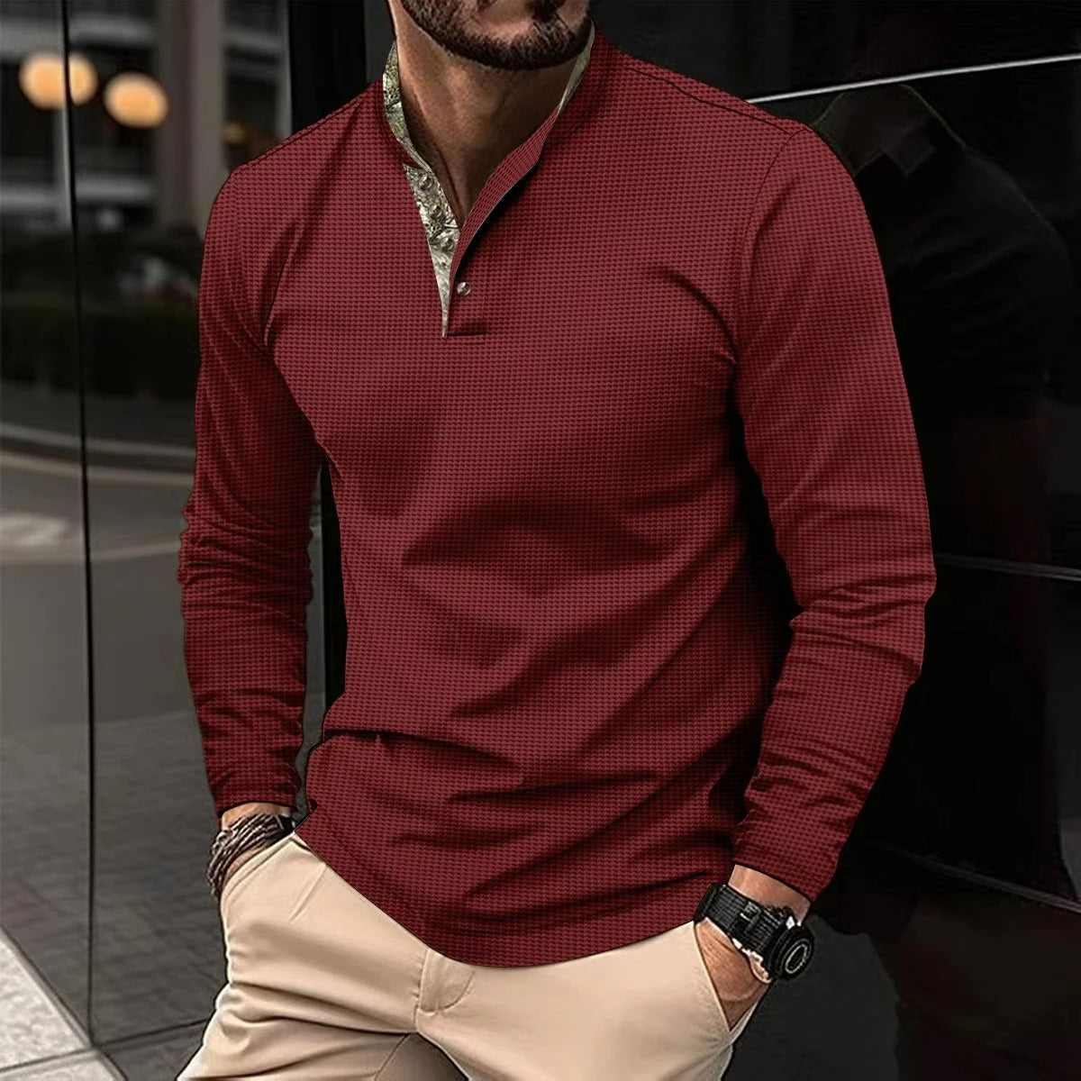 Chemise Henley à Manches Longues Élégante pour Homme – Col Montant Premium
