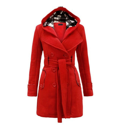 Manteau en laine luxueux à capuche pour femme – Manteau d’hiver ceinturé