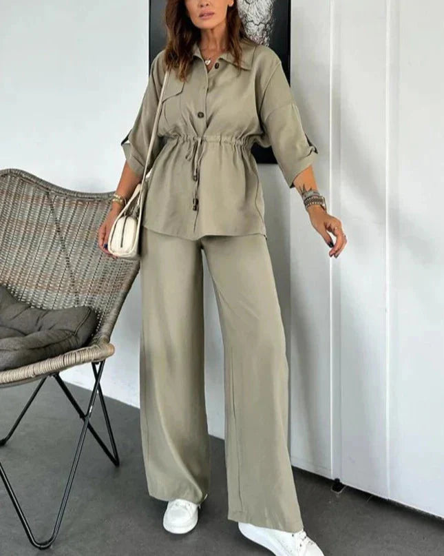 Ensemble deux pièces léger et élégant femme – Haut ajustable à nouer et pantalon large, confort au quotidien