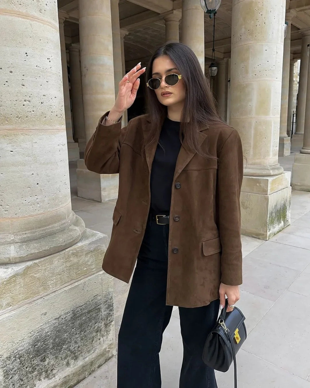 Blazer Femme en Suédine Marron à Poches – Veste Élégante