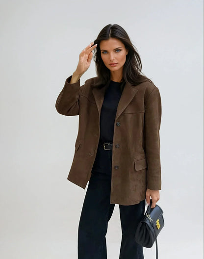 Blazer Femme en Suédine Marron à Poches – Veste Élégante