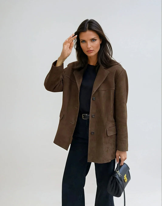 Women's Brown Suede Blazer with Pockets – Elegant Jacket