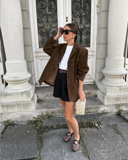 Blazer Femme en Suédine Marron à Poches – Veste Élégante
