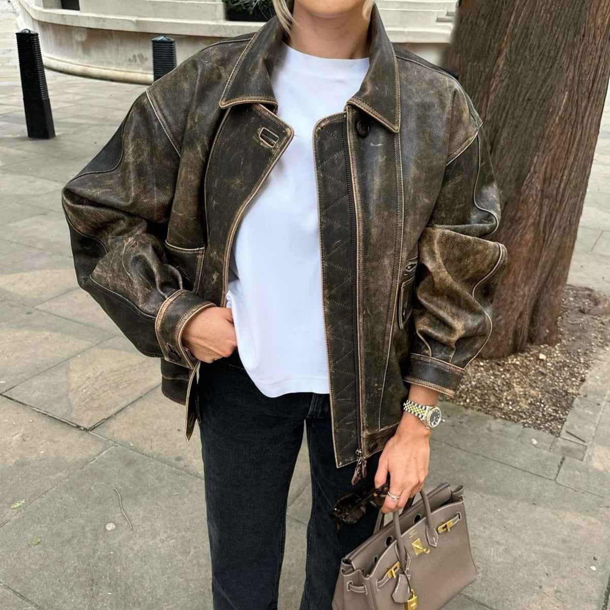 Chaqueta de cuero sintético vintage para mujer - Retro y moderna