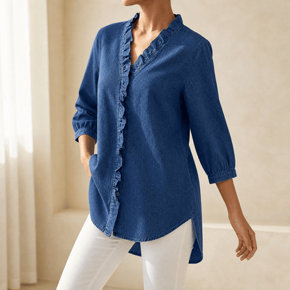Blusa in denim con scollo a V e volant Vivara - Morbida e femminile