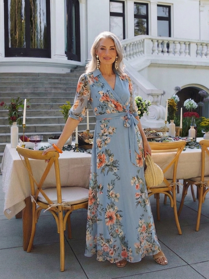 Robe maxi fleurie femme cache-coeur col V - Fluide et elegante