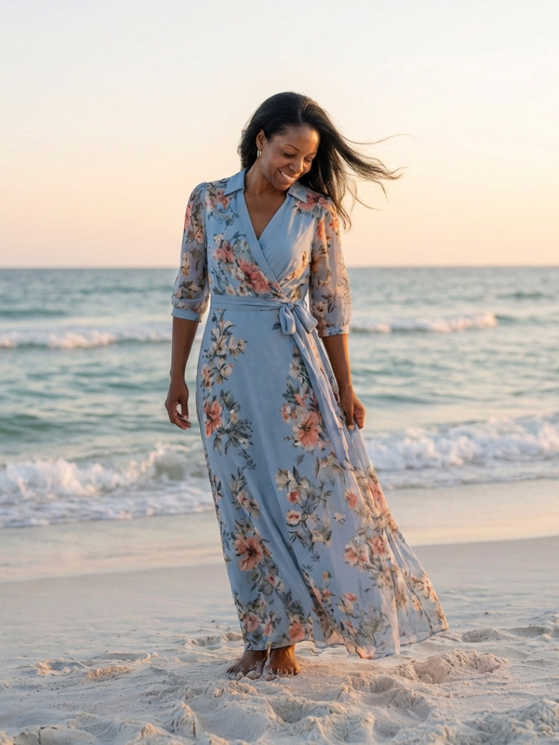 Robe maxi fleurie femme cache-coeur col V - Fluide et elegante