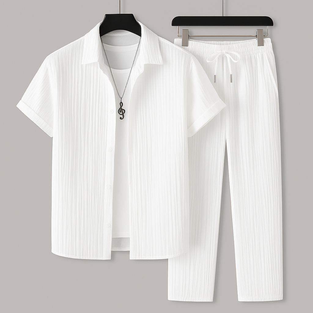 Men's Linen-Effect Set Shirt and Drawstring Pants - Light and Casual