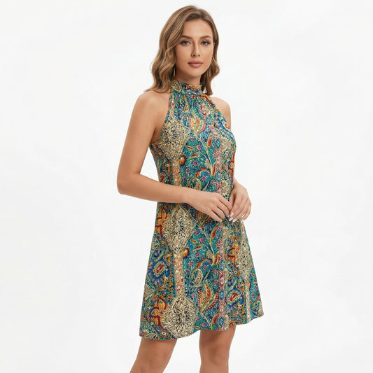 Printed Halter Neck Dress for Women – Sleeveless Tunic Style Dress