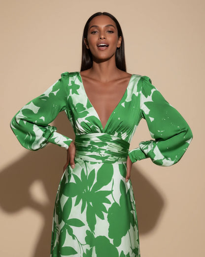 Robe Maxi Fleurie Femme – Élégante Col V avec Manches Bishop
