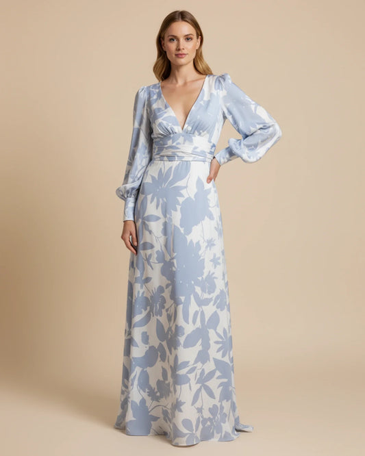 Women's Floral Maxi Dress – Elegant V-Neck with Bishop Sleeves