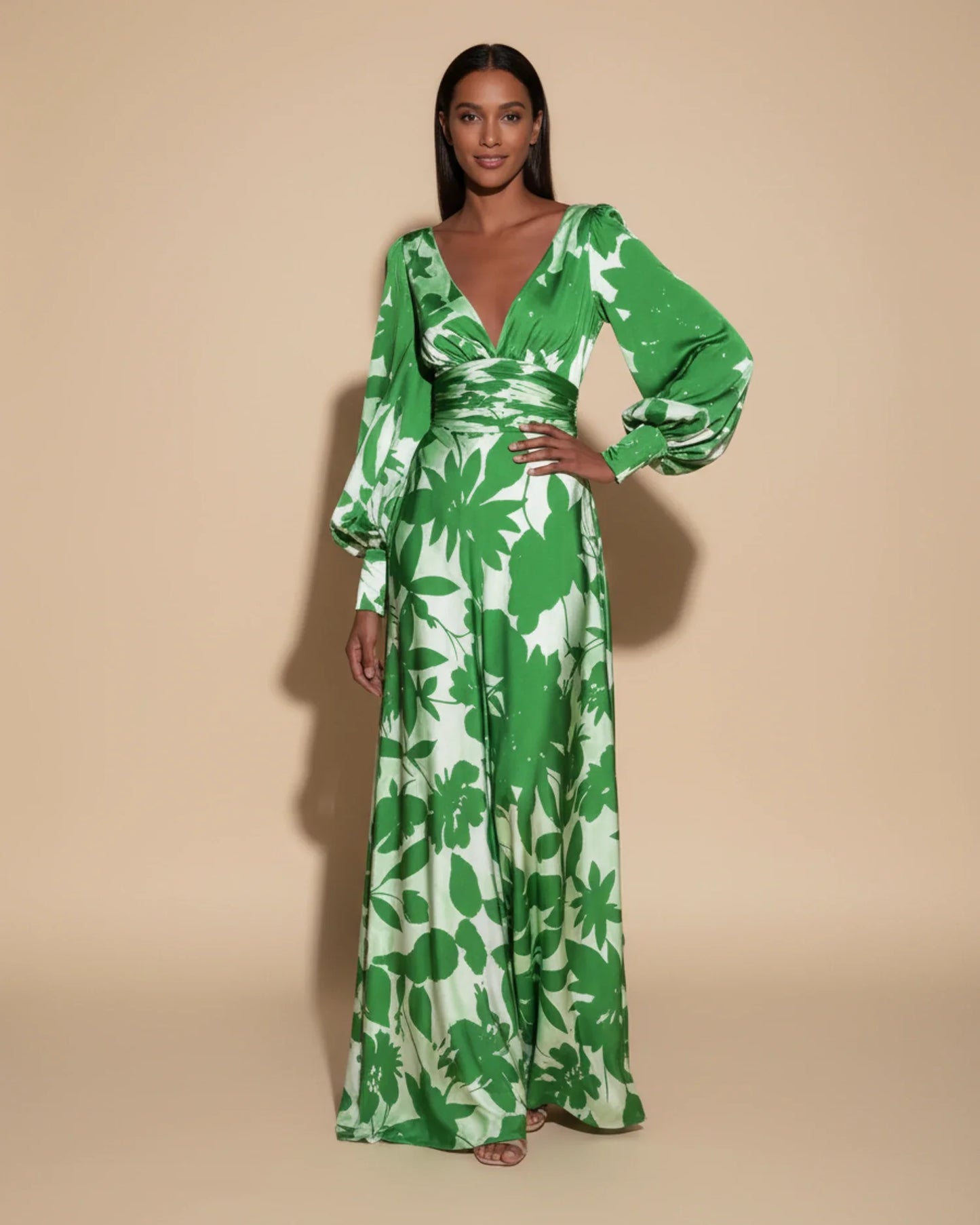 Robe Maxi Fleurie Femme – Élégante Col V avec Manches Bishop