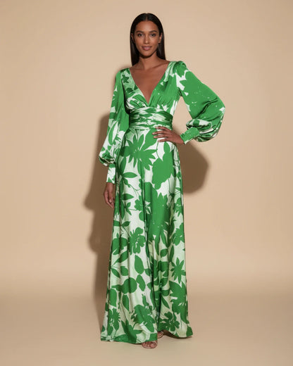 Robe Maxi Fleurie Femme – Élégante Col V avec Manches Bishop