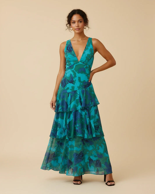 Women's Sleeveless Floral Maxi Dress – Elegant Summer Style with Ruffles