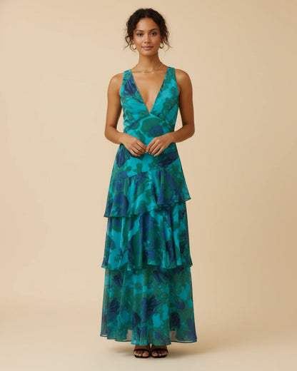 Robe Maxi Femme Sans Manches à Fleurs – Style Estival Élégant à Volants