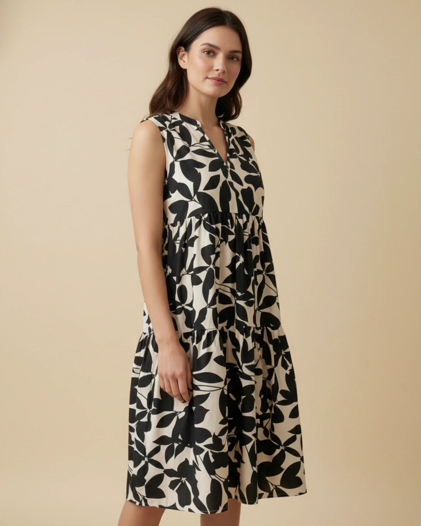 Robe Midi Femme A-Ligne Sans Manches – Imprimé Feuillage Élégant
