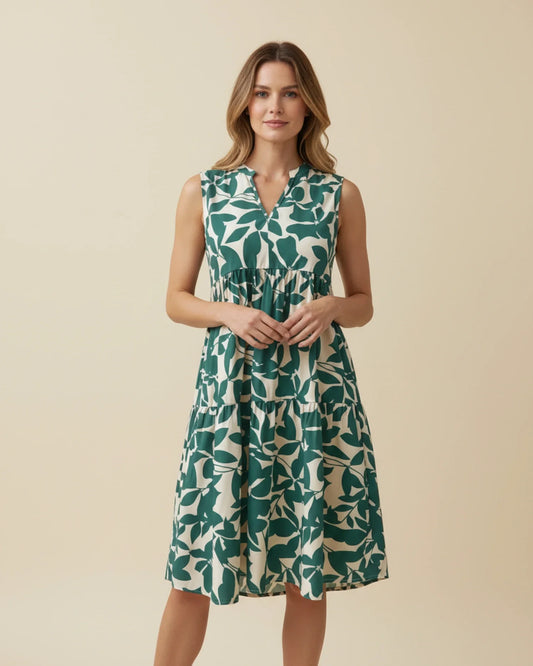 Women's Sleeveless A-Line Midi Dress – Elegant Leaf Print