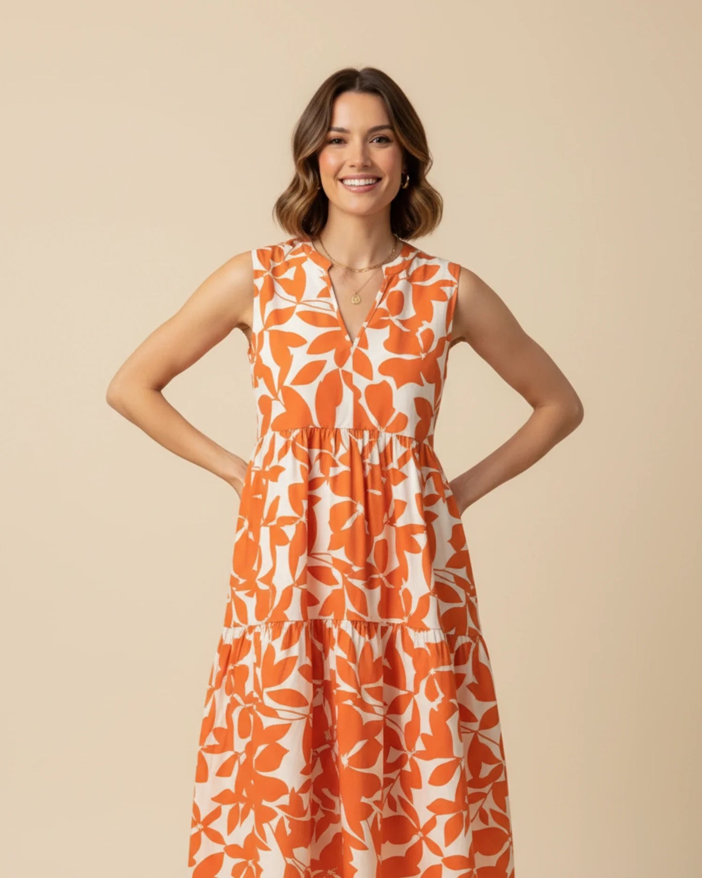 Robe Midi Femme A-Ligne Sans Manches – Imprimé Feuillage Élégant