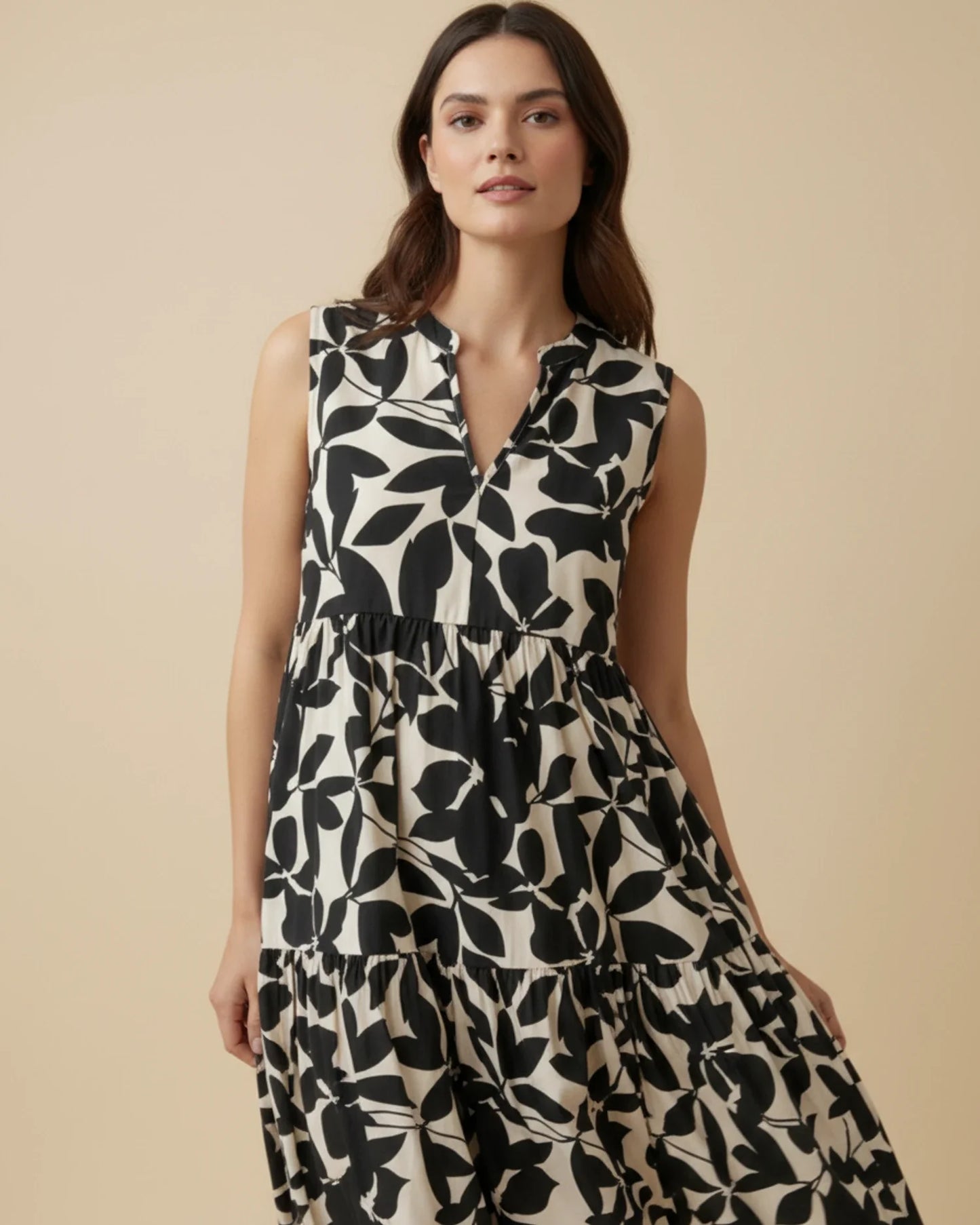 Robe Midi Femme A-Ligne Sans Manches – Imprimé Feuillage Élégant