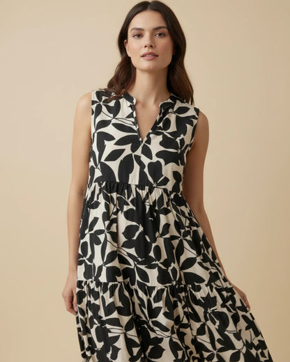 Robe Midi Femme A-Ligne Sans Manches – Imprimé Feuillage Élégant
