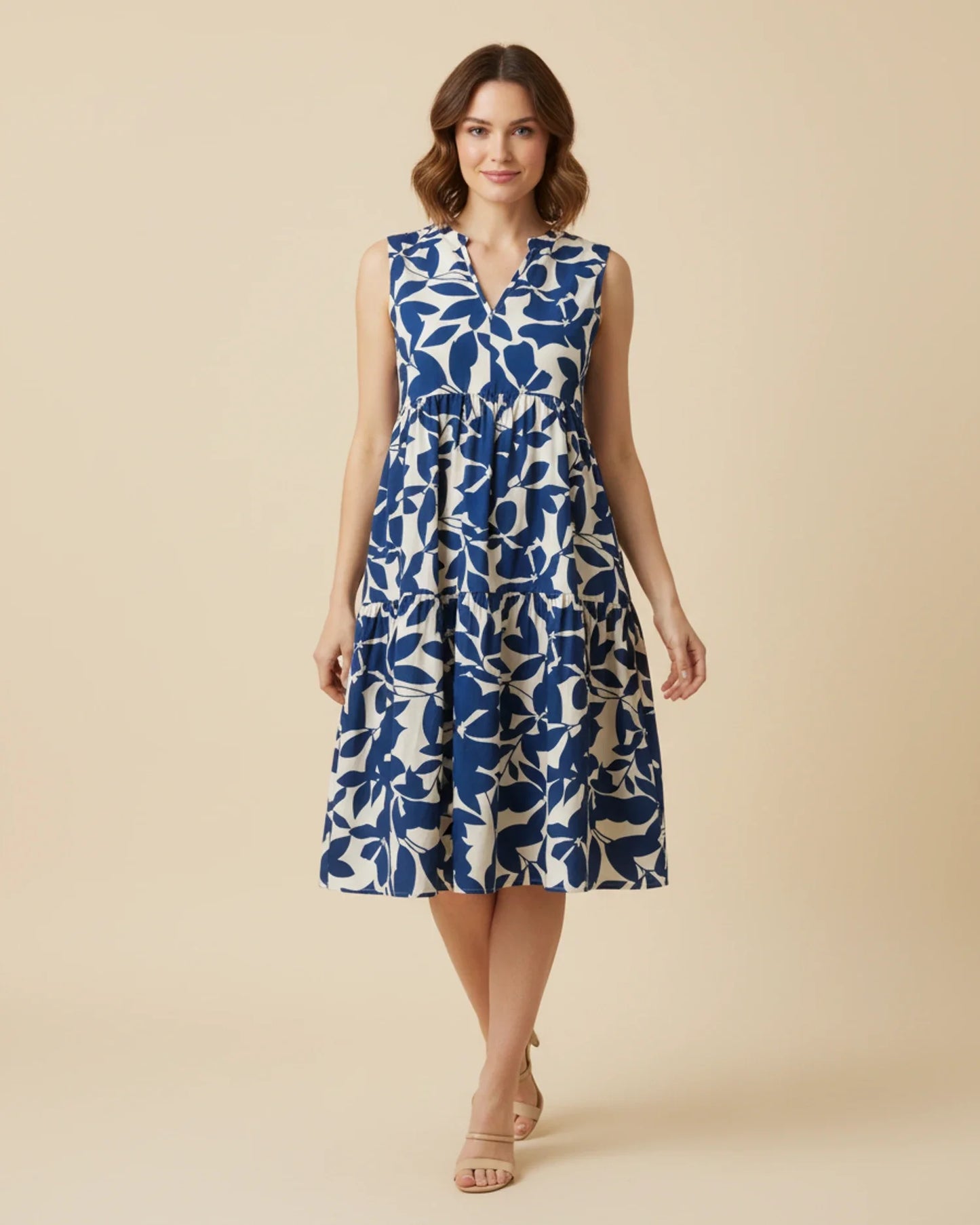 Robe Midi Femme A-Ligne Sans Manches – Imprimé Feuillage Élégant
