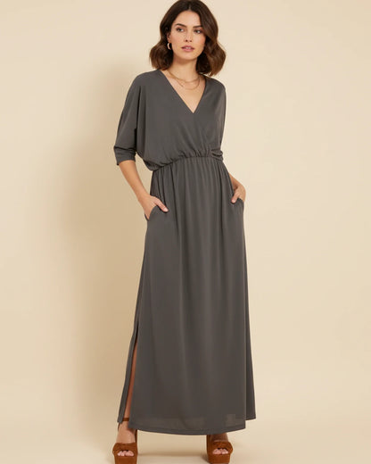 Robe Maxi Femme Col V – Poches et Fente Latérale Style Décontracté Été