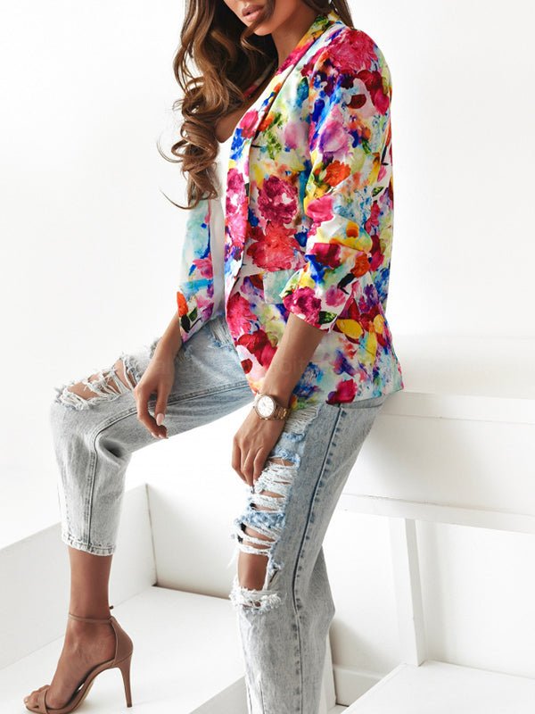 Veste Blazer Élégante Fleurie Multicolore Femme – Veste Légère à Manches Longues Élégante pour le Bureau, les Tenues Décontractées et les Sorties