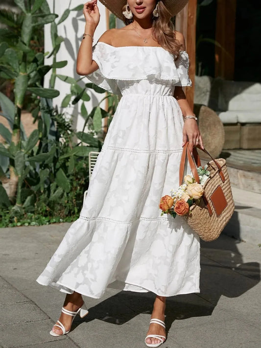Robe longue femme epaules denudees jacquard et volants - Romantique et elegante