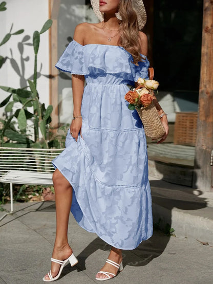 Vestido largo para mujer con hombros descubiertos, jacquard y volantes - Romántico y elegante