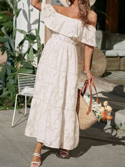 Vestido largo para mujer con hombros descubiertos, jacquard y volantes - Romántico y elegante