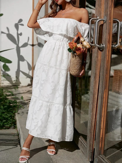 Vestido largo para mujer con hombros descubiertos, jacquard y volantes - Romántico y elegante