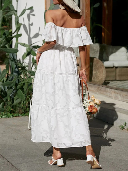 Vestido largo para mujer con hombros descubiertos, jacquard y volantes - Romántico y elegante