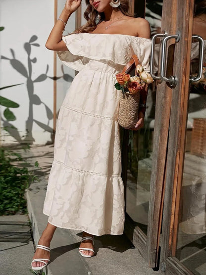 Vestido largo para mujer con hombros descubiertos, jacquard y volantes - Romántico y elegante