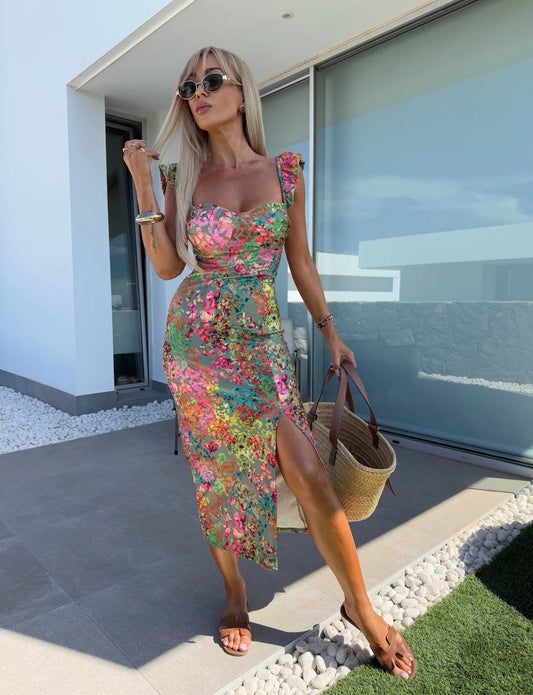 Women's Printed Midi Dress – Sweetheart Neckline with Ruffled Straps and Side Slit