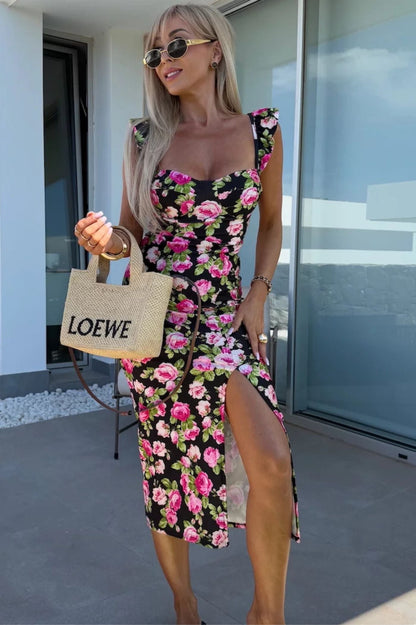 Robe Midi Femme Imprimée – Décolleté Cœur avec Bretelles à Volants et Fente Latérale