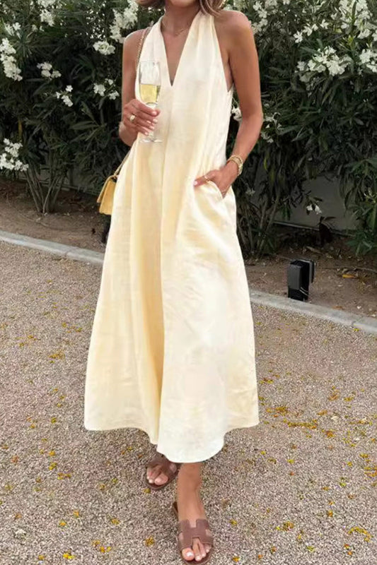 Women's Sleeveless Maxi Dress – Halter Neckline with Pockets