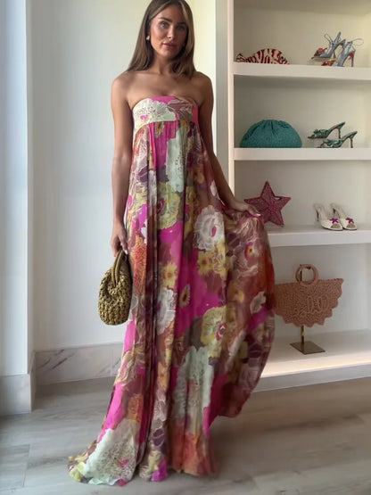 Long strapless women's dress with floral print and empire waist - Flowing and elegant