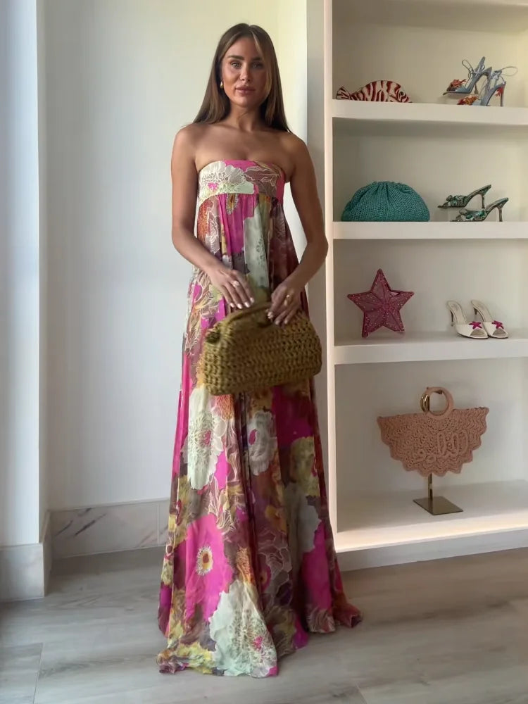 Long strapless women's dress with floral print and empire waist - Flowing and elegant