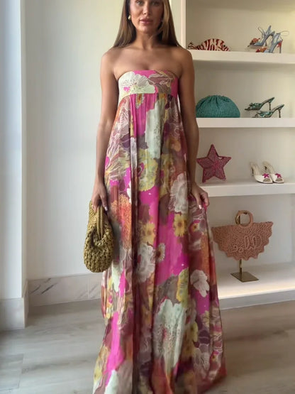 Long strapless women's dress with floral print and empire waist - Flowing and elegant