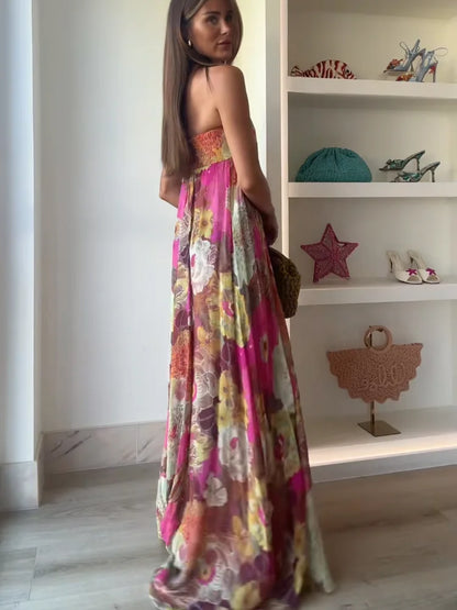 Long strapless women's dress with floral print and empire waist - Flowing and elegant