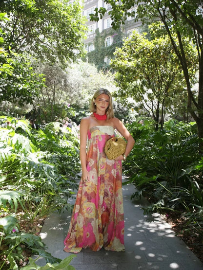Long strapless women's dress with floral print and empire waist - Flowing and elegant